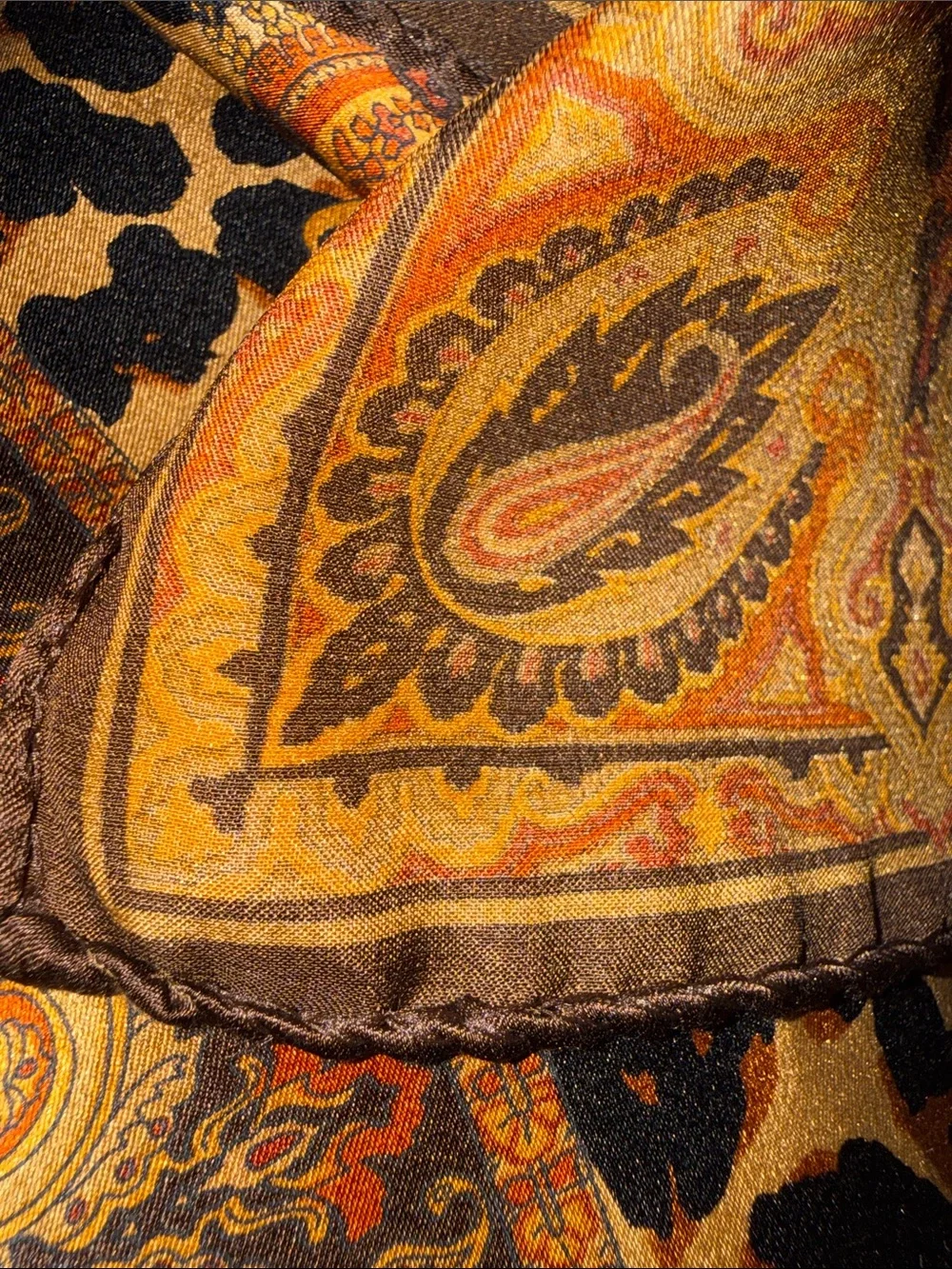 Vintage Silk Scarf Leopard & Paisley Print Square Scarf Brown Gold Accessory